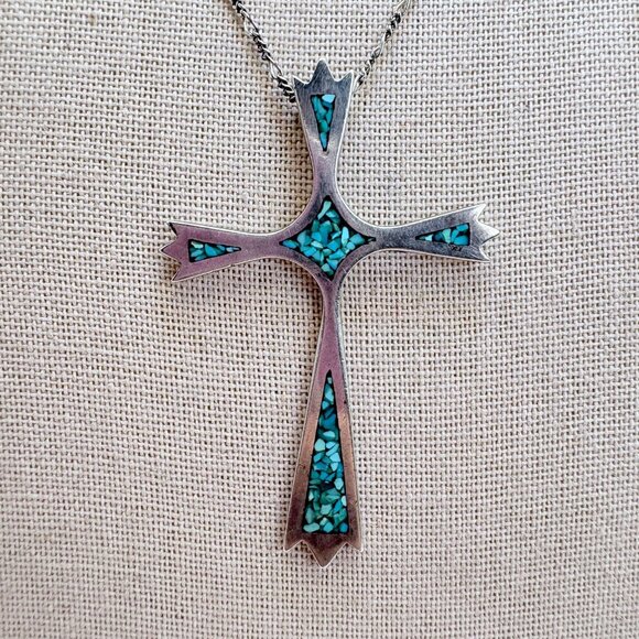 VTG Solid Sterling Silver 925 Turquoise Inlay Cross Pendant Size 20" Length - Picture 1 of 14